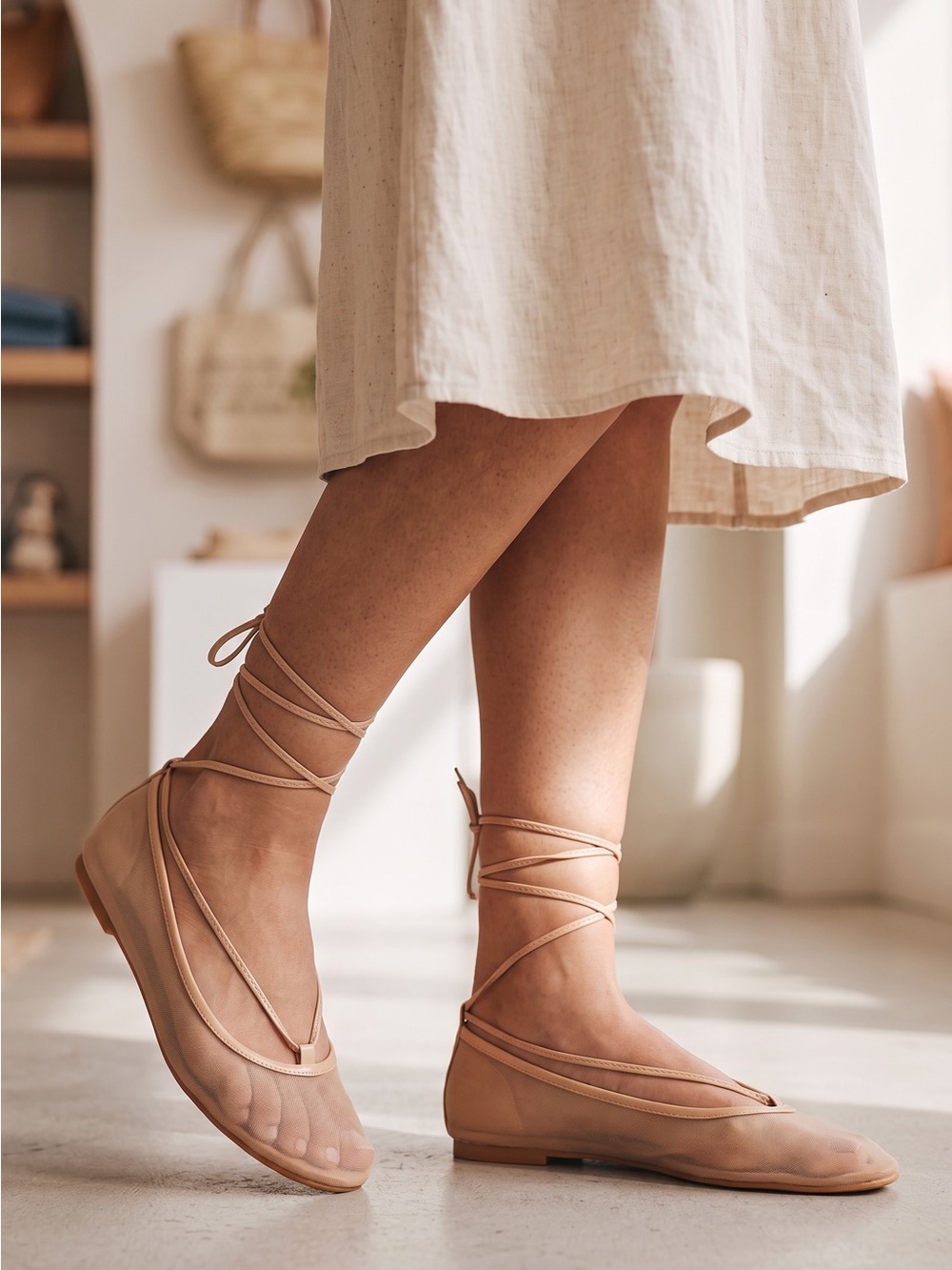 Cape Robbin Elegant Nude Mesh Lace-Up Ankle Tie Ballet Flats